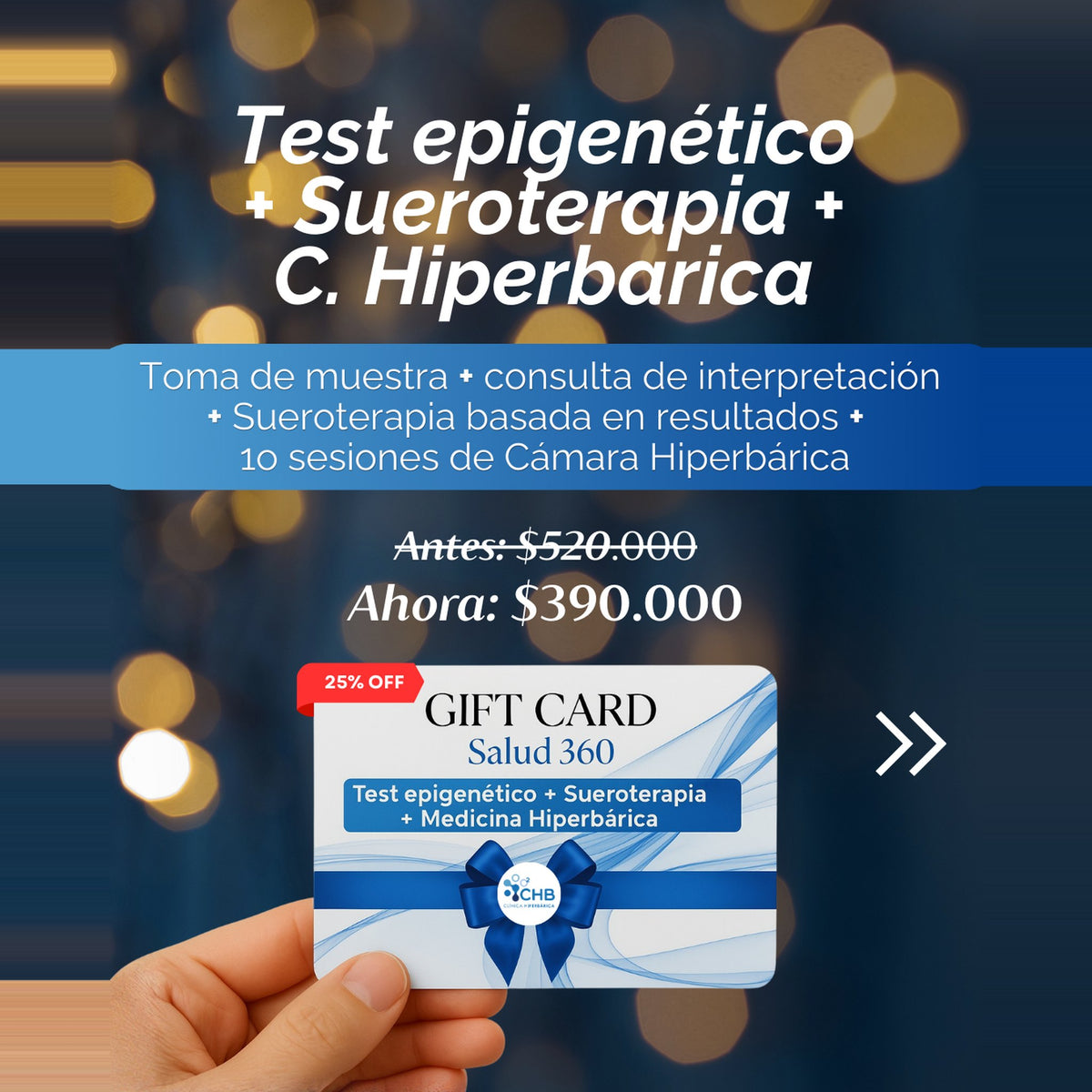 Detalle de la Gift Card Salud Total 360: test epigenético, sueroterapia y 10 sesiones de cámara hiperbárica