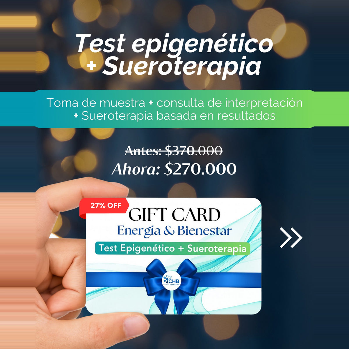 Detalle de la Gift Card Energía y Bienestar: test epigenético, consulta de interpretación y sueroterapia personalizada