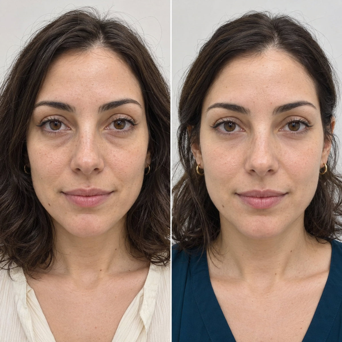 Antes y después de relleno de ojeras con ácido hialurónico en paciente mujer