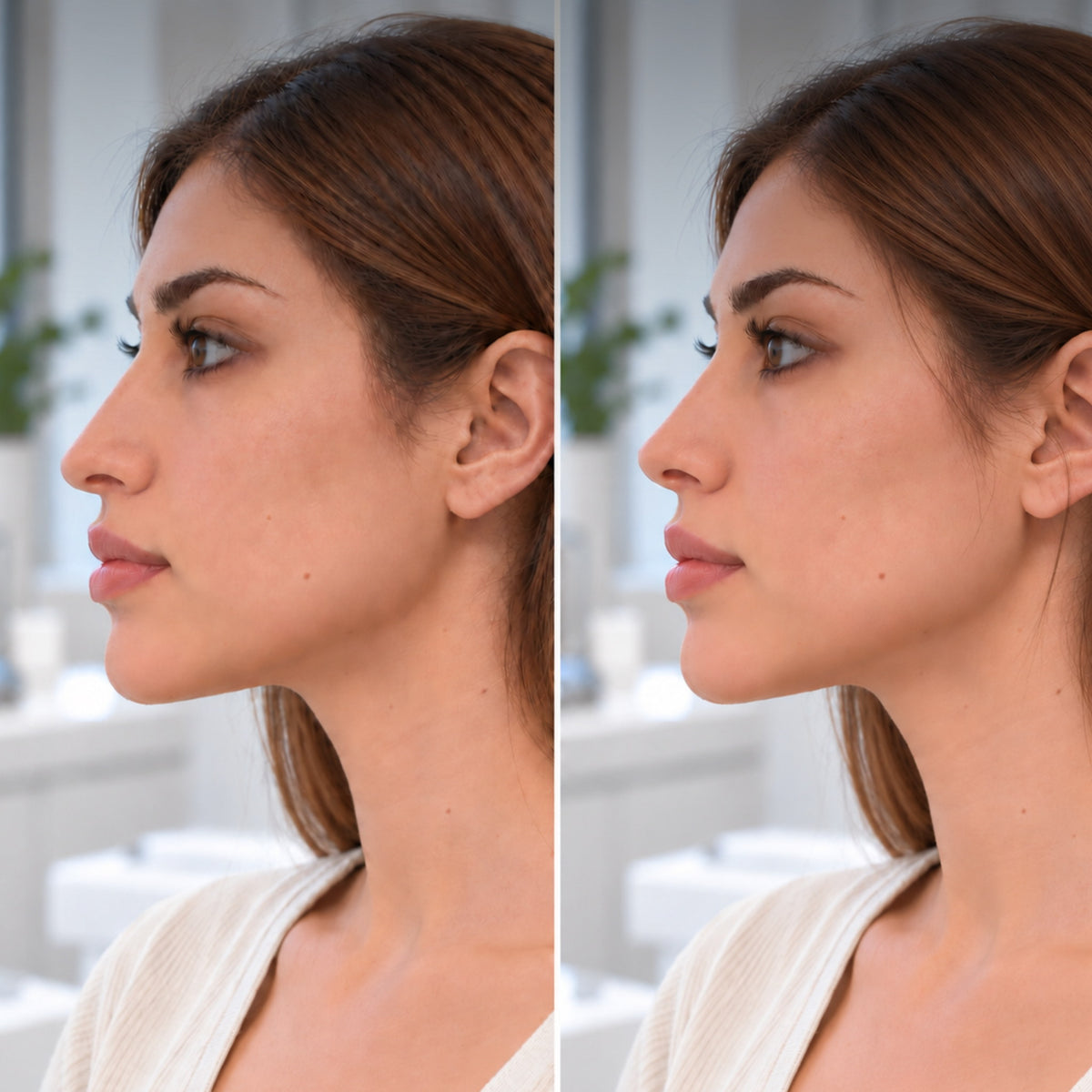 Antes y después de rinomodelación con ácido hialurónico, vista de perfil