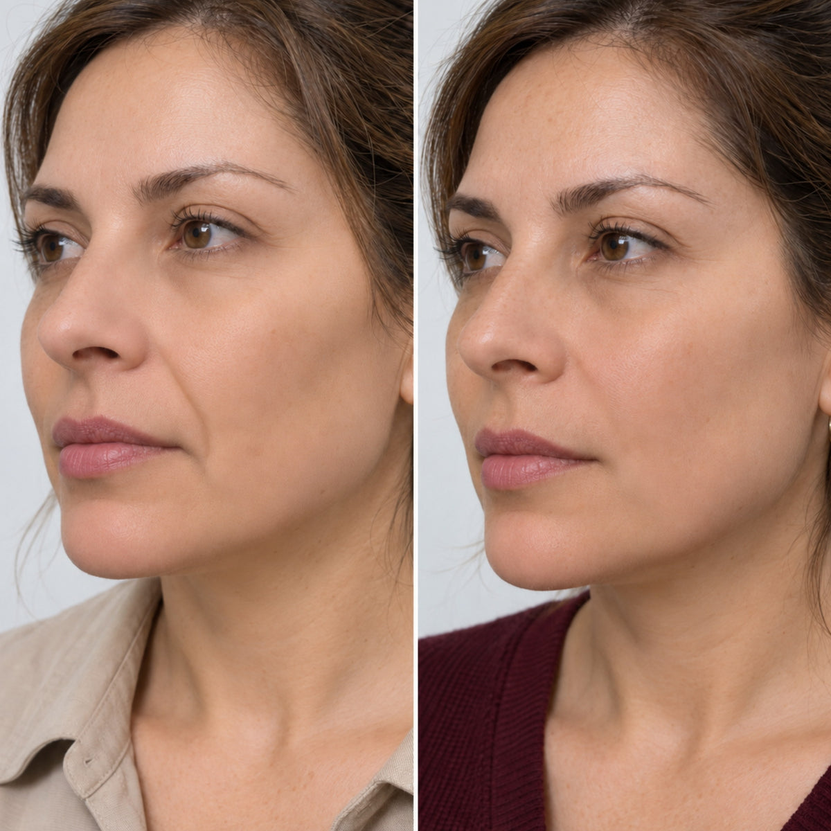 Antes y después de relleno de surco nasogeniano en paciente mujer